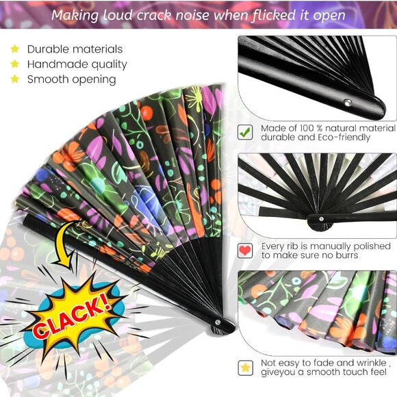 Large Folding Hand Fan, UV Glow Fan for Rave, Festival Folding Hand Fan for Wome - Picture 5 of 7